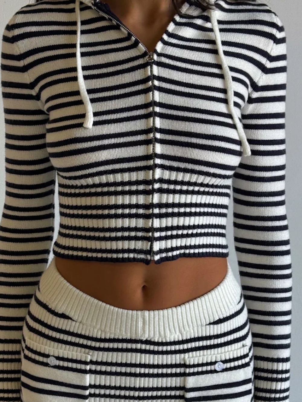 Frankie's Bikinis Aimee Black and White Striped Zip Hoodie Sweater